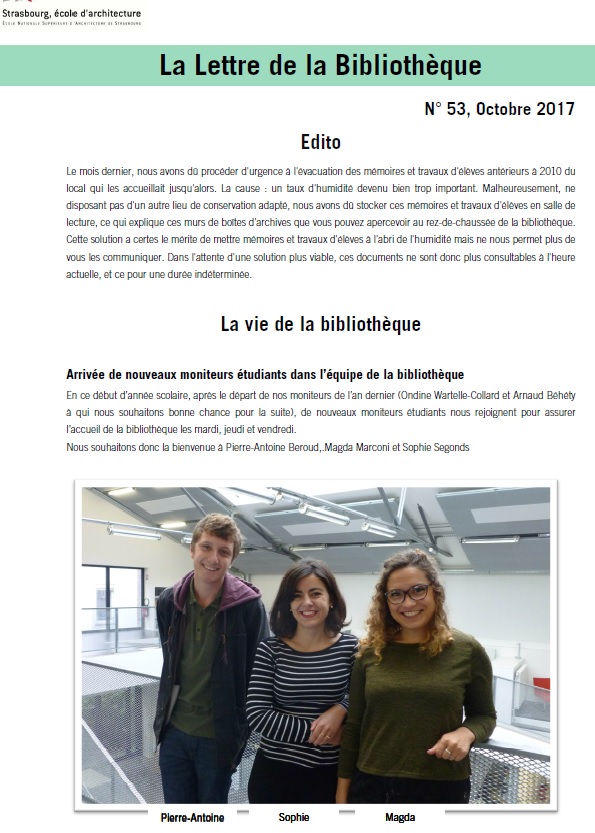 Lettre de la bibliothèque de l'ENSAS n°53 - Octobre